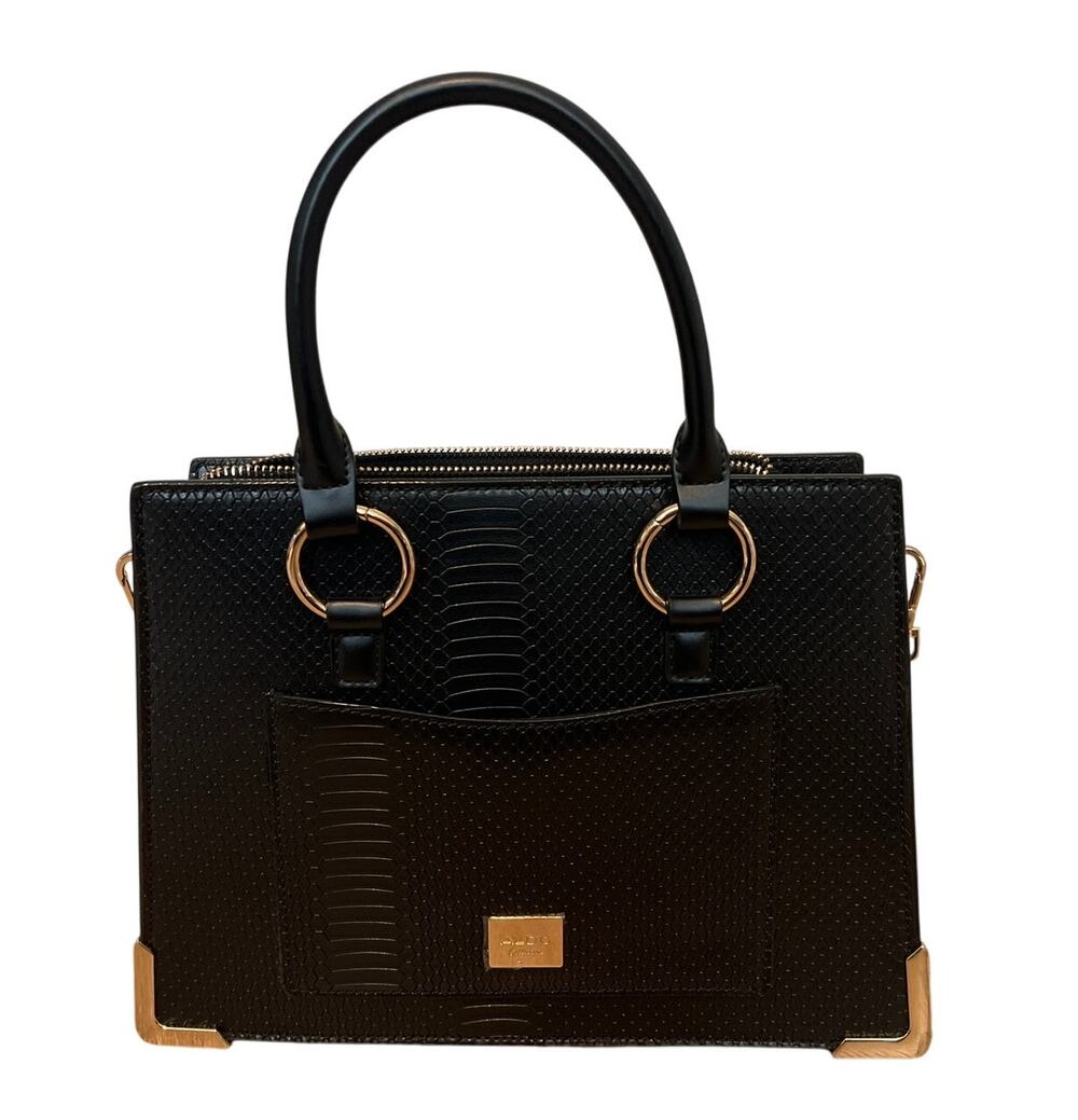 ALDO Nydiviel Black Faux Snakeskin Tote Bag Gold Snakehead Accent